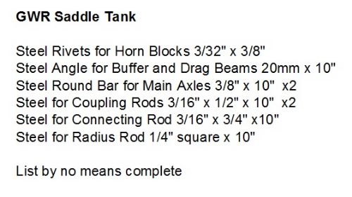 GWR Saddle Tank Other Parts List